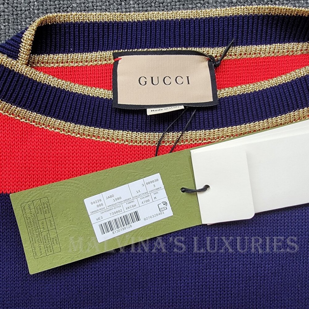 GUCCI SWEATER STRIPED COTTON RED & BLUE JUMPER w LOGO BUTTONS - Picture 14 of 15